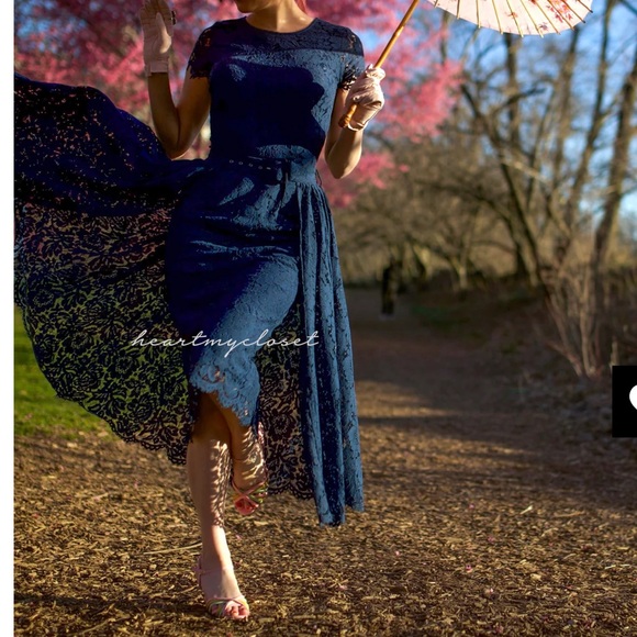 navy lace Aurora pencil dress with removable skirt wrap - Picture 3 of 8